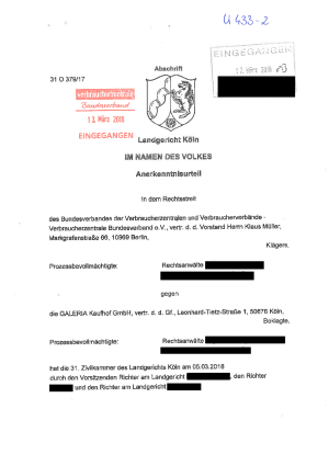 Galeria Kaufhof | Urteil des Landgerichts Köln vom 5. März 2018 | Az. 31 O 379/17