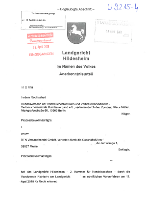 BTN Versandhandel GmbH | Anerkenntnisurteil des Landgerichts Hildesheim vom 11.04.2018 | Az. 11 O 7/18