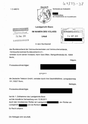 Deutsche Telekom, Urteil des LG Bonn vom 19.09.2011