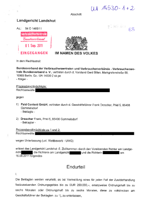 Paid Content, Urteil des LG Landshut vom 16.08.2011, Verfahren rechtskräftig abgeschlossen