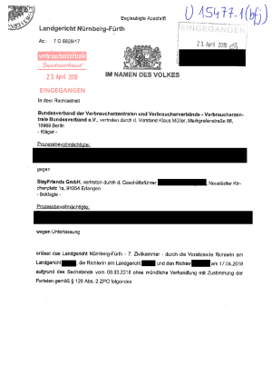 Stayfriends GmbH | Urteil des Landgerichts Nürnberg-Fürth vom 18.04.2018 | Az. 7 O 6829/17 | rechtskräftig