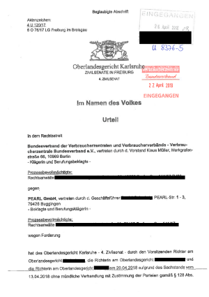 PEARL GmbH: Urteil des OLG Karlsruhe | Urteil vom 20.04.2018 | Az. 4 U 120/17