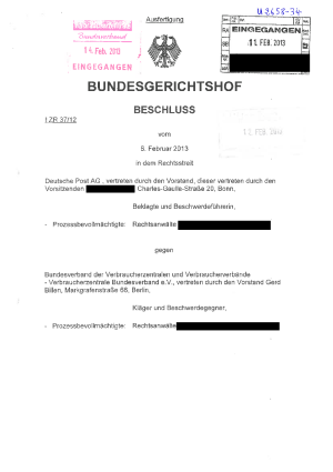 Deutsche Post AG - Urteil des BGH vom 06.02.2013, Verfahren rechtskräftig abgeschlossen