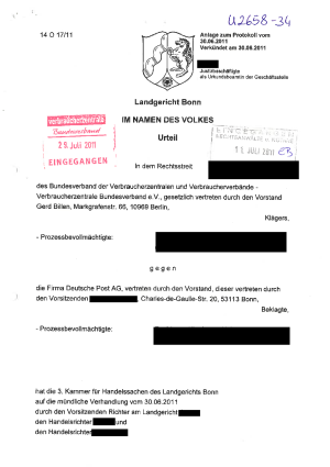 Deutsche Post AG - Urteil des LG Bonn vom 30.06.2011