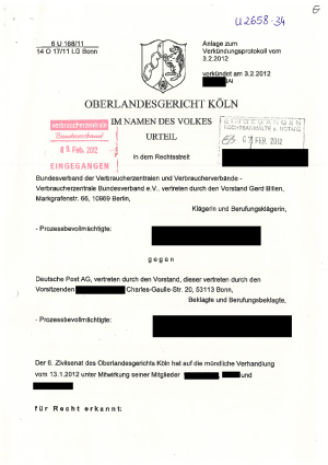 Deutsche Post AG - Urteil des OLG Köln vom 03.02.2012