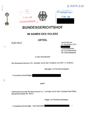 Sparkasse Bremen - Urteil des BGH vom 13.11.2012, Verfahren rechtskräftig abgeschlossen
