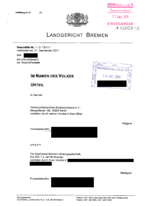 Sparkasse Bremen - Urteil des LG Bremen vom 21.09.2011
