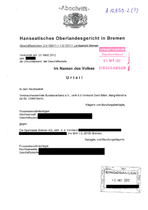 Sparkasse Bremen - Urteil des OLG Bremen vom 23.03.2012