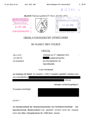 Urteil des OLG Düsseldorf (12 O 501/10) vom 27.09.2012 - rechtskräftig
