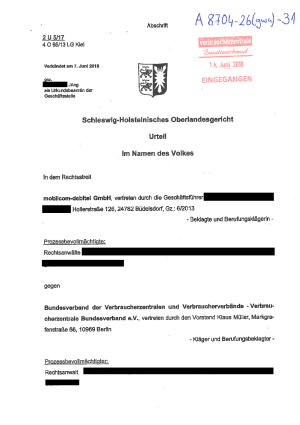 mobilcom-debitel | Urteil des Schleswig-Holsteinischen Oberlandesgerichts vom 07.06.2018 | Az. 2 U 5/17