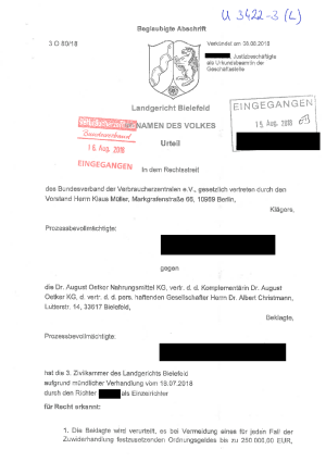 Urteil des LG Bielefeld vom 08.08.2018 | Az. 3 O 80/18 | nicht rechtskräftig, Berufung wurde eingelegt.
