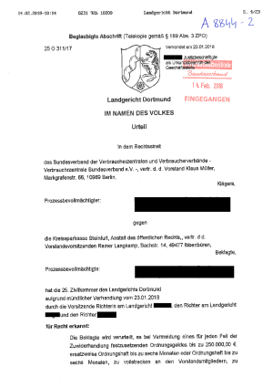 Urteil des LG Dortmund vom 23.01.2018 (Az. 25 O 311/17) - nicht rechtskräftig
