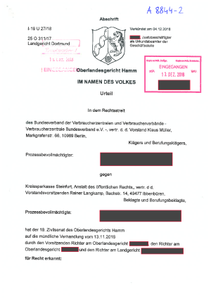 Urteil des Oberlandesgerichts Hamm vom 4.12.2018, Az. I-19 U 27/18 – nicht rechtskräftig