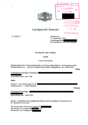 Urteil vom 12.12.2018 | LG Bremen | Az.: 1 O 1632/17, rechtskräftig