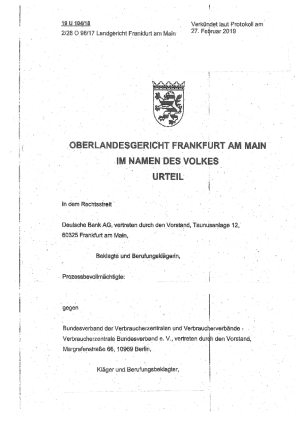 Urteil des OLG Frankfurt a.M. 27.02.2019 (Az. 19 U 104/18) nicht rechtskräftig
