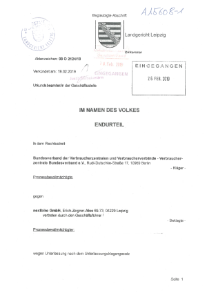 Urteil des Landgerichts Leipzig gegen Nextbike | Az. 08 O 2124/18 | 19.02.2019, nicht rechtskräftig