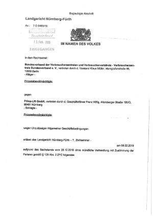 Urteil des Landgerichts Nürnberg-Fürth vom 08.02.2019, Az. 7 O 5463/18