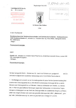 Opodo | Urteil des Landgerichts Berlin (Az. 52 O 2423/18) | 21.03.2019
