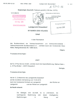 Urteil des Landgerichts Düsseldorf vom 8.05.2019, Az. 12 O 264/18 – nicht rechtskräftig | Mai 2019