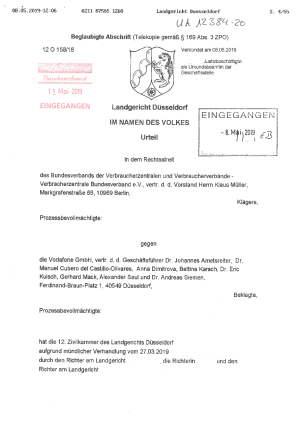Vodafone-Pass | Urteil des LG Düsseldorf | Az. 12 O 158/18 | 8. Mai 2019 