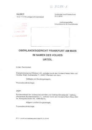 Urteil des OLG Frankfurt am Main vom 21.03.2019, Az. 6 U 190/17 – nicht rechtskräftig
