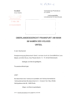 Urteil des OLG Frankfurt am Main vom 21.03.2019, Az. 6 U 191/17 – nicht rechtskräftig