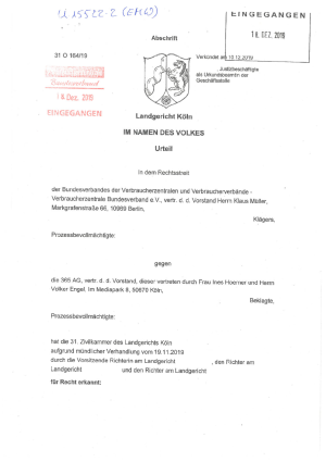 Urteil des Landgerichts Köln | Vom 10.12.2019 (AZ 31 O 164/19)