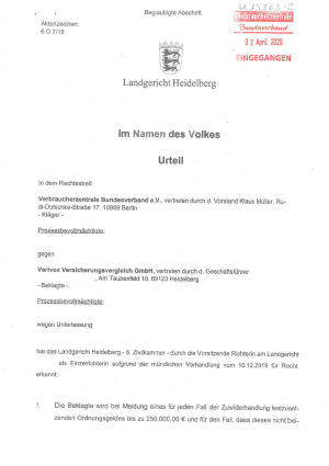 Urteil des LG Heidelberg vom 6.03.2020, Az. 6 O 7/19 – nicht rechtskräftig