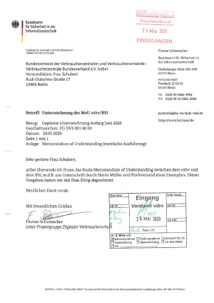 Memorandum of Unterstanding zur Föderung der Informationssicherheit von VerbraucherInnen | MoU zwischen BSI und vzbv | 20.05.2020