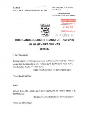 Urteil des OLG Frankfurt am Main vom 9.04.2020, Az. 1 U 46/19 – nicht rechtskräftig
