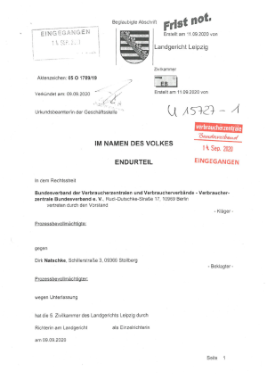 Urteil des LG Leipzig vom 09.09.2020, Az. 05 O 1789/19 - nicht rechtskräftig