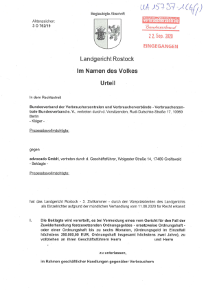 Urteil des LG Rostock vom 15.09.2020, Az. 3 O 762/19 – nicht rechtskräftig 