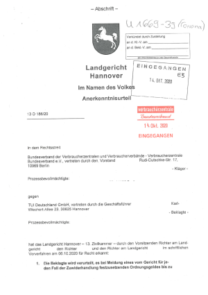 Urteil des LG Hannover vom 6.10.2020, Az. 13 O 186/20