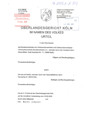 test.net | Urteil des OLG Köln vom 20.10.2020, Az. 6 U 136/19 - nicht rechtskräftig​