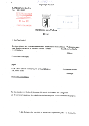 Urteil des Landgerichts Berlin zu COM Office GmbH | Klage des vzbv | 14. Januar 2021