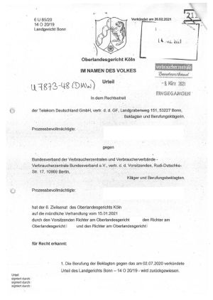 Urteil des OLG Köln vom 26.02.2021, Az. 6 U 85/20 - nicht rechtskräftig