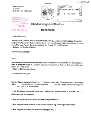 Aida Cruises Anzahlung von Kreuzfahrten | Beschluss des OLG Rostock | 06.05.2015