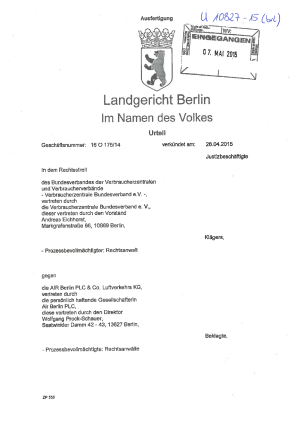Air Berlin - Flughafengebühr | Urteil des LG Berlin vom 28.04.2015