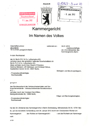 Urteil des KG Berlin vom 4. Januar 2012, Az. 24 U 90/10 (Air Berlin) - nicht rechtskräftig