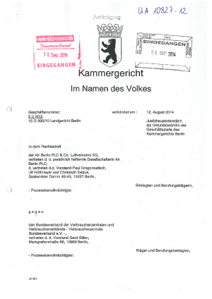 Air Berlin | Urteil des KG Berlin vom 12.08.2014, Az. 5 U 2/12 – nicht rechtskräftig