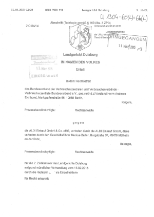 Aldi Süd | Schwarze Oliven | Urteil des LG Duisburg vom 06.03.2015