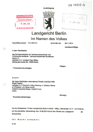 Apple Distribution CareProtection | Urteil des LG Berlin vom 28.11.2014 | Az. 15 0 601/12