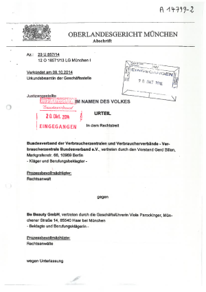 Be Beauty GmbH | Urteil des OLG München vom 09.10.2014 | 29 U 871/14