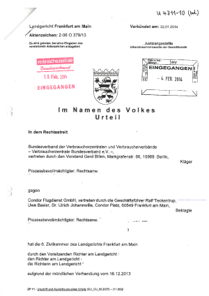 Urteil des LG Frankfurt am Main vom 22.01.2014,Az. 2-06 O 379/13, Condor - nicht rechtskräftig