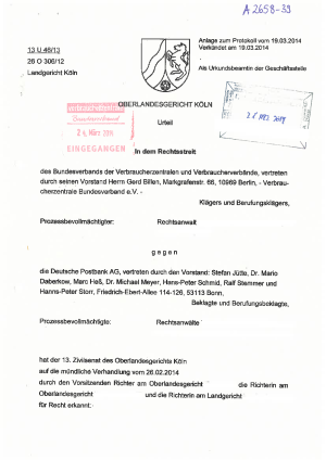 Deutsche Postbank AG | Kosten für Ersatzkarte | Urteil des OLG Köln vom 19.03.2014