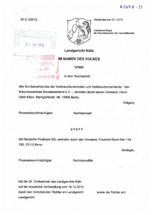 Deutsche Postbank AG | Kosten für Ersatzkarte | Urteil des LG Köln vom 19.12.2012