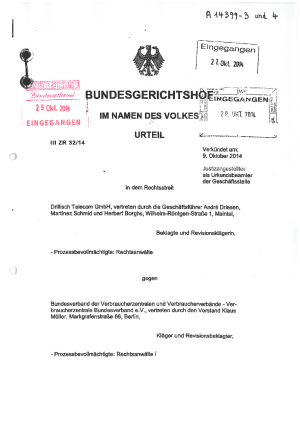 Drillisch Telecom | Urteil des Bundesgerichtshofs vom 9.10.2014, Az. III ZR 32/14
