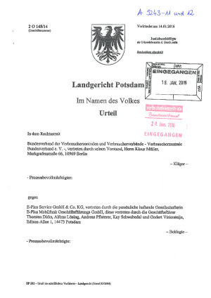 E-Plus | Datenvolumen | Urteil LG Potsdam vom 14.1.2016 (Az. 2 O 148/14)