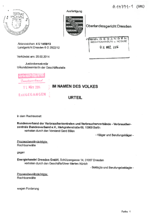 Urteil des OLG Dresden vom 25.02.2014, Az. 4 U 1458/13 | Energiehandel Dresden GmbH