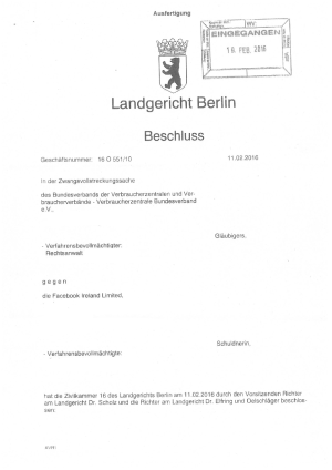 Ordnungsgeld gegen Facebook | Beschluss des Landgerichts Berlin vom 11.2.2016 (Az. 16 O 551/10)